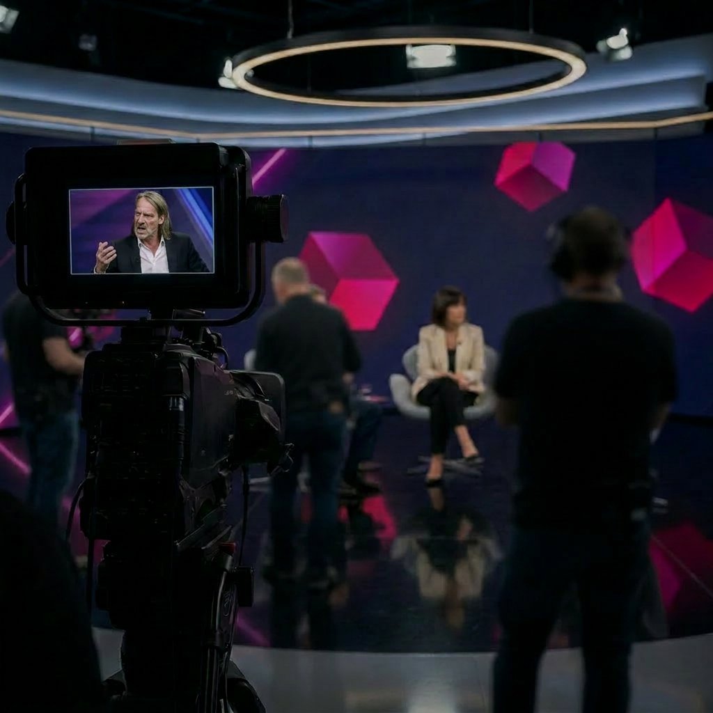 Talk-Set von Frequenz Studio: Kamera im Vordergrund, Moderation auf der Bühne, Crew im Studio